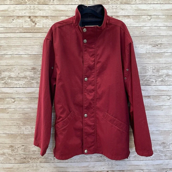 Eddie Bauer Mens S Jacket Red Canvas Coat Navy Lined Full Zipper‎ & Snap Closure - Picture 1 of 12